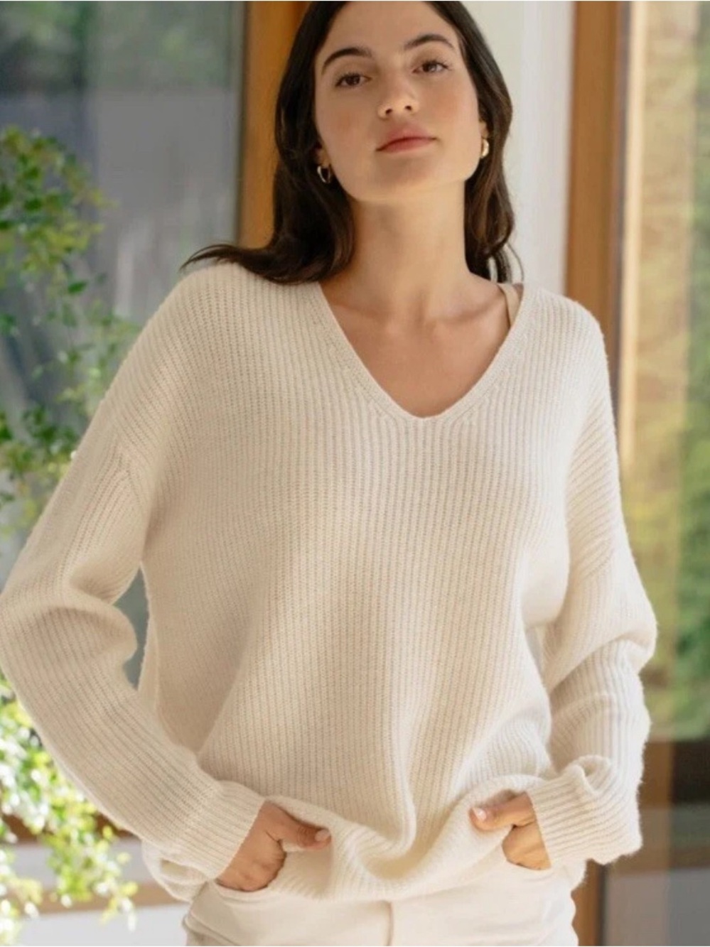 Jenni Kayne Cabin Sweater Ivory Cream V-Neck Wool Cashmere Size M- EUC